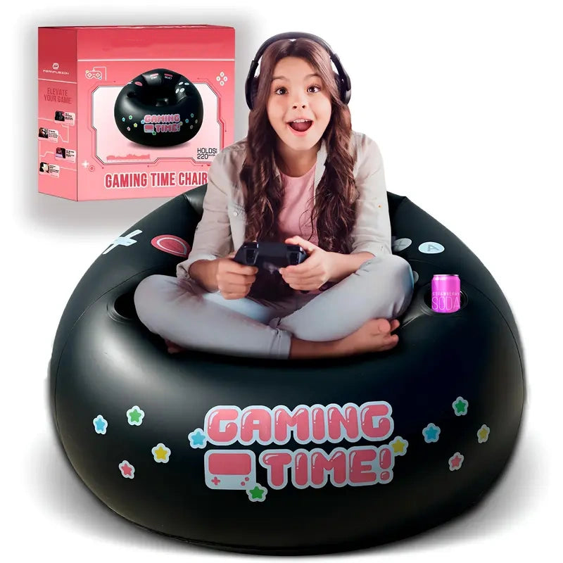 Inflatable game chair for children and teens, with cup holders and side pockets