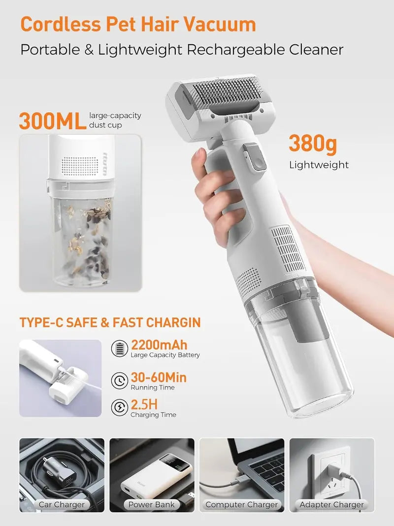 Cordless Pet Grooming Vacuum Set, 60dB quiet hair removal