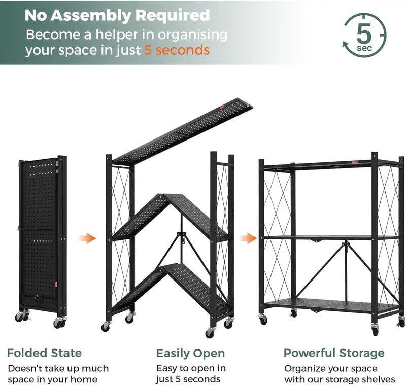 Three-Tier Folding Storage Rack with Casters: Ideal for kitchens, garages, basements, or pantries