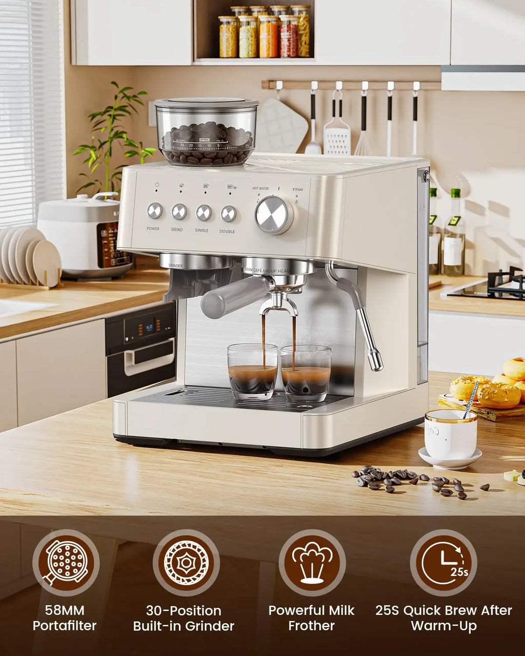 Italian espresso machine with a built-in anti-clog coffee grinder
