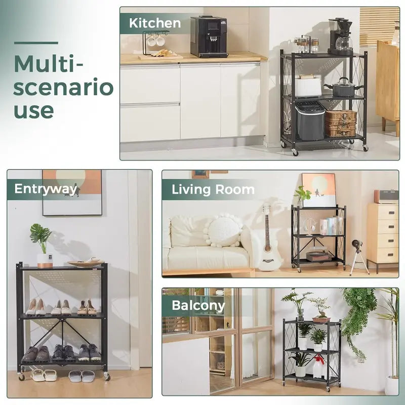 Three-Tier Folding Storage Rack with Casters: Ideal for kitchens, garages, basements, or pantries