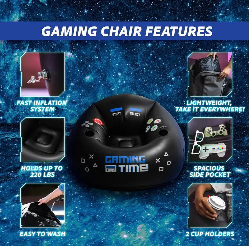 Inflatable game chair for children and teens, with cup holders and side pockets