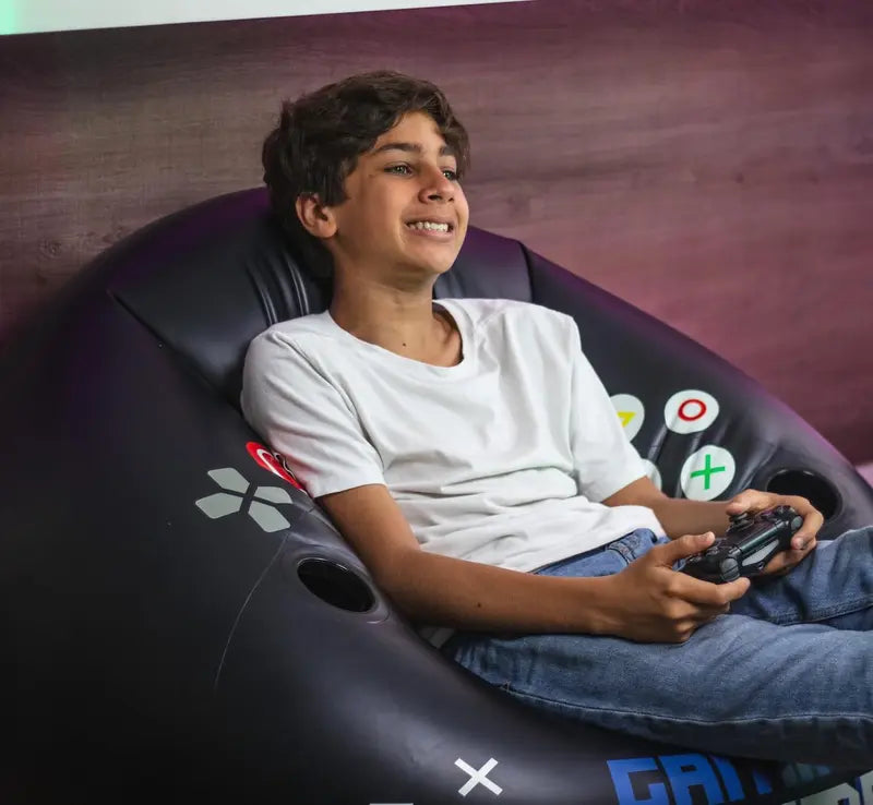 Inflatable game chair for children and teens, with cup holders and side pockets